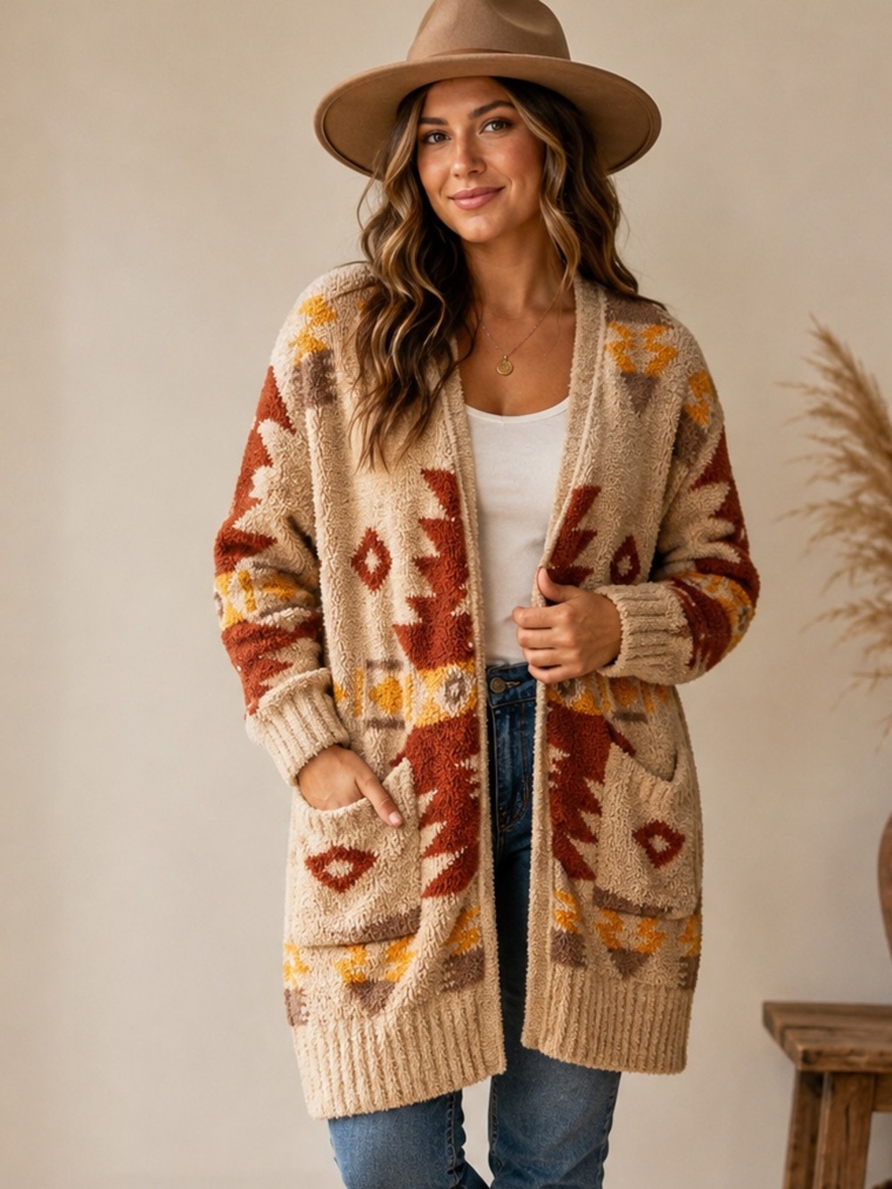 Warm & Cozy Lifestyle Small Southwestern Aztec Open Front Cardigan Boho Cozy